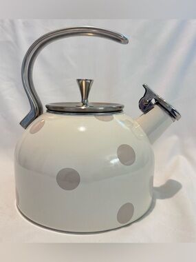 Kate Spade Lenox Beige Deco Dot Tea Kettle “Whistle While You Work” Enamel